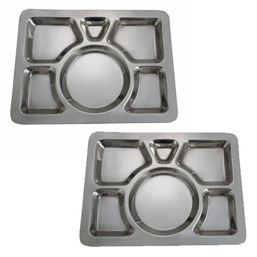 SET OF 2 - 6 Compartment Cafeteria Food Tray, Cafeteria Eating Mess Tray - Stainless Steel