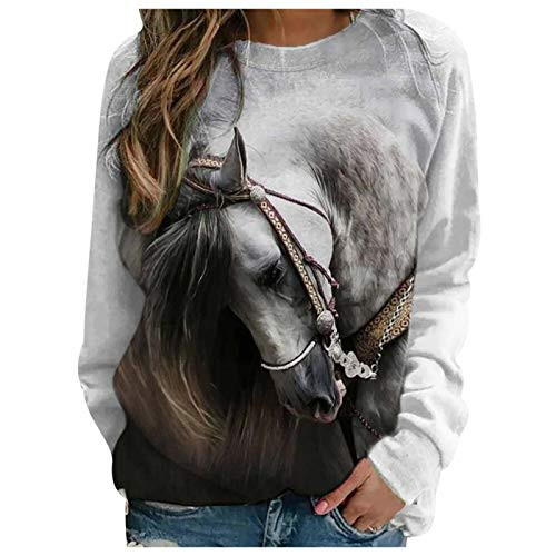 Hotkey Sweatshirts for Women Oil Painting Horse Printed Pullover Tops Long Sleeve O_Neck Casual Loose Jumper Blouse Shirts