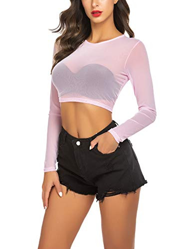 Avidlove Mesh Long Sleeve Crop Top Sheer Womens Tops See Through Shirts Pink L