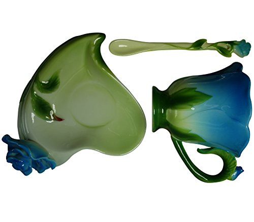 BUOP A Set of Flowered Cup, Saucer and Spoon, Rose-shaped Teacup with 3D Look, Blue Porcelain Enamel Tea Set