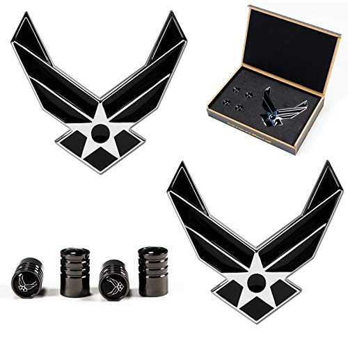 Dsycar 2 Pack Black Metal US Air Force Emblem 3D Black Wings Auto Badge USAF Sticker _ Gift 4 Free Air Force Logo Tire Valve Stem Caps _2 Pack Black Air Force Emblem_
