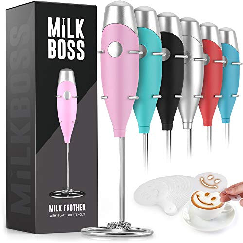 Milk Boss Mighty Milk Frother Handheld Whisk Mixer _ Coffee Frother Electric Handheld Foam Maker  and  Frother For Coffee _ Portable Electric Whisk With 16_Piece Stencils For Lattes_ Matcha  and  More _Pink_