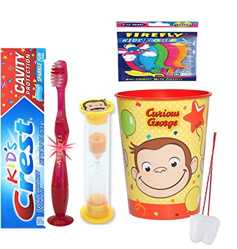 Curious George Inspired 4pcs Bright Smile Oral Care Set! Toothpaste_ Flashing Light Toothbrush_ Brushing Timer  and  Mouthwash Rinse Cup! Plus Bonus Bonus Flosser  and  Tooth Necklace as Visual Aid Reminder!