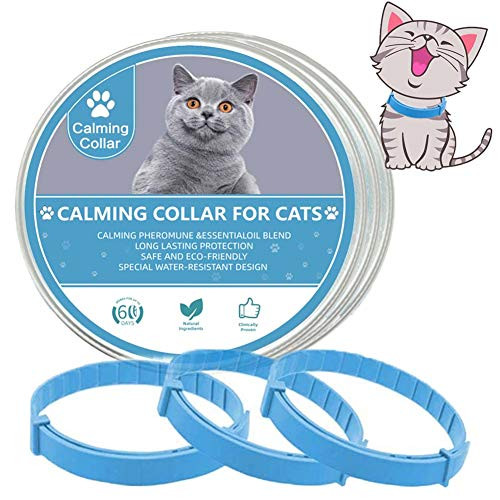 LeQuiven Cat Calming Collar_ 3 Pack Calming Collar for Cats_ Kitten Pheromone Anti_Anxiety Calm Collars_ Adjustable Waterproof Collar Up to 15 Inches Fit for Small Medium Large Cats _Blue_