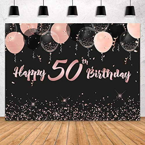 Sensfun Rose Gold Happy 50th Birthday Backdrop Black Pink Balloons Glitter Sequin Dots Photography Background for Women 50th Birthday Party Decorations Fifty and Fabulous Photoshoot Banner 7x5ft