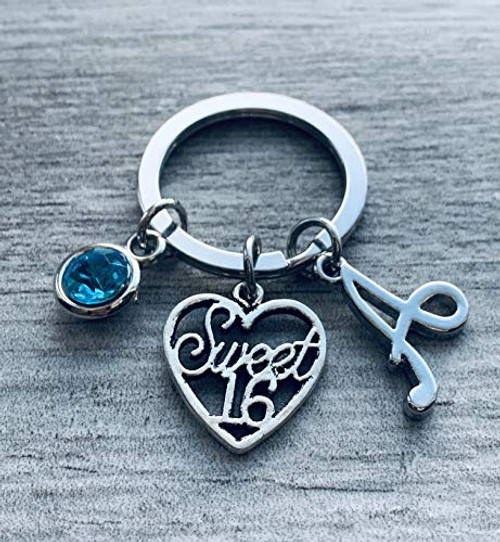 Personalized Sweet 16 Charm Keychain with Birthstone  and  Letter_ Custom Sweet Sixteen Jewelry_ 16th Birthday Gift For Girls