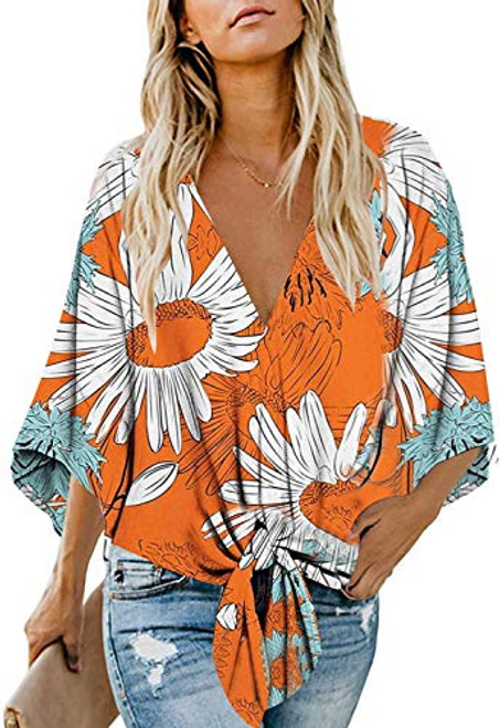 Women's Casual Floral Blouse Batwing Sleeve Loose Fitting Shirts Boho Knot Front Tops Yellow L