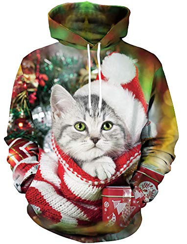 Ugly Christmas Men Hoodies 3D Printed Funny Pockets Long Sleeve Holiday Sweatshirt Gift Cat XL