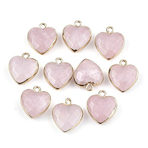 Fashewelry 10Pcs Faceted Heart Natural Rose Quartz Stone Pendants Crystal Healing Chakra Gemstone Charms with Gold Loop 16_17x14_15mm for Jewelry Necklace Craft Making