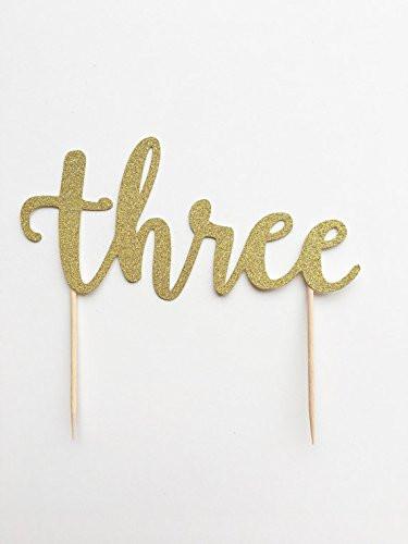 1 pc THREE script fonts third birthday party anniversary theme gold glitter cake topper