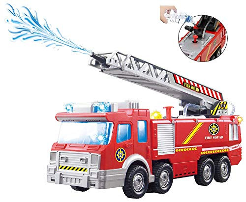 Top Race Fire Engine Truck with Water Pump Spray, Extending Rescue Ladder, and Flashing Lights & Sirens, Battery Operated Bump & Go Action Toy Top Race Fire Engine Truck with Water Pump Spray, Extending Rescue Ladder, and Flashing Lights & Sirens, Battery Operated Bump & Go Action Toy
