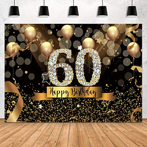 Sensfun Happy 60th Birthday Backdrop for Adult Party 7x5ft Bokeh Circle Glitter Gold Balloon Photography Background Sixty Birthday Black Gold Party Backdrops Diamond 60th Birthday Vinyl Photo Banner