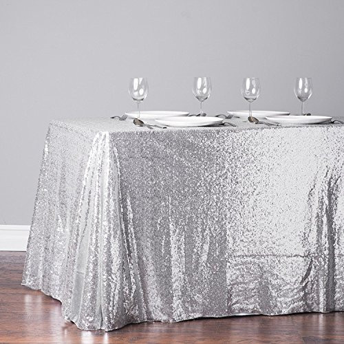 TRLYC 60 Inch by 120 Inch Silver Sequin Rectangular Tablecloth
