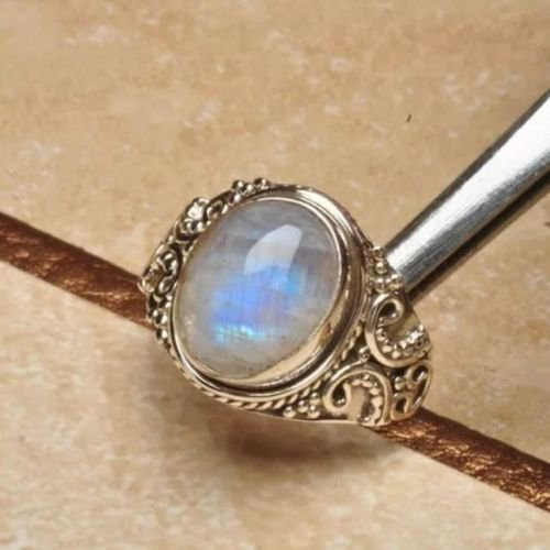 lertchai Vintage 925 Silver Rainbow Moonstone Gemstone Ring Wedding Women Jewelry Sz 6_10 _7_