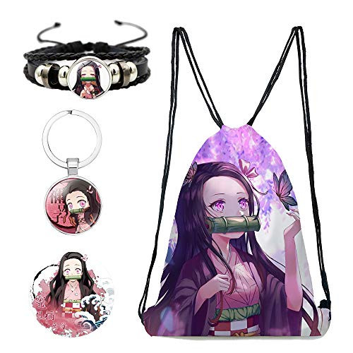 Demon Slayer Drawstring Bag Gift Set  Demon Slayer Kimetsu No Yaiba Gift Set for Anime Fans Include 1 Drawstring Bag 1 Buttons 1 Keychain and 1 Bracelet _Color F_5_