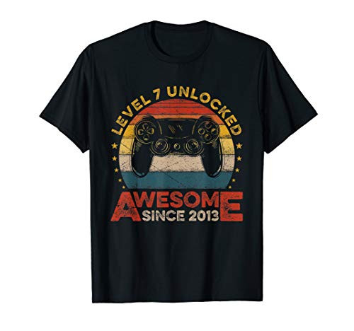 Retro 7th Birthday Gamer Level 7 Unlocked Awesome Since 2013 T_Shirt