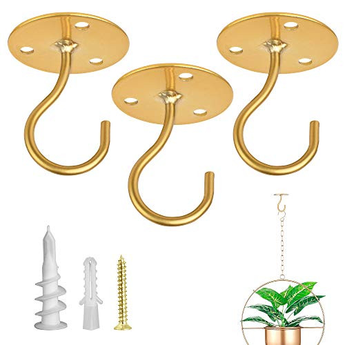 Ceiling Hooks for Plants _ Metal Heavy Duty Wall Mounted Hangers for Hanging Bird Feeders_ Planters_ Wind Chimes_ Include Professional Drywall Anchors?3_Pack?_Gold_