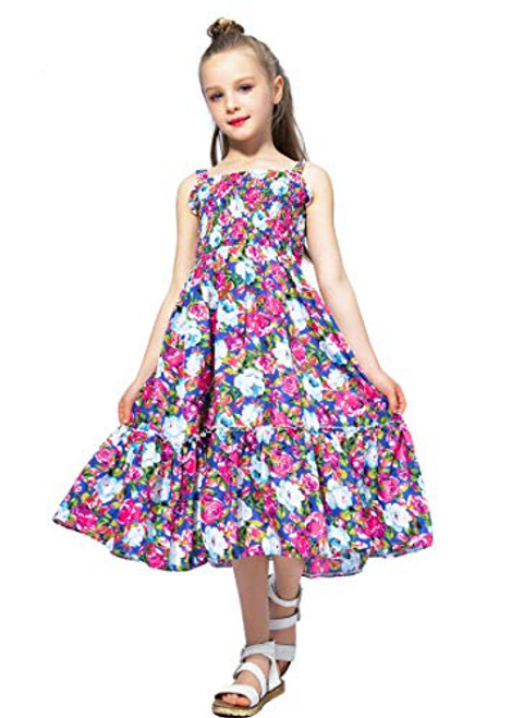 Girls Dress Kids Floral Sundress Ruffle Bohemian Dress Summer Casual Dress Beach Dress Rose US 7_8Years