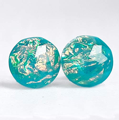 Aqua Teal Fire Opal Resin Stud Earrings _ 10mm _ Hypoallergenic Titanium Posts