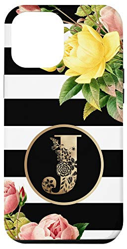 iPhone 12 Pro Max Initial J Monogram Vintage Roses On Black And White Stripes Case