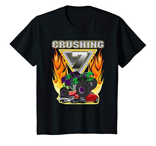 Kids Monster Truck Crushing being Seven 7 Years Old 7th Birthday T_Shirt