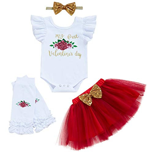 My First Valentine's Day Outfits Infant Girl Ruffle Floral Romper Plus Tutu Skirt Plus Headband Plus Leg Warmers 4Pcs Clothes _White_ 3_6 Months_