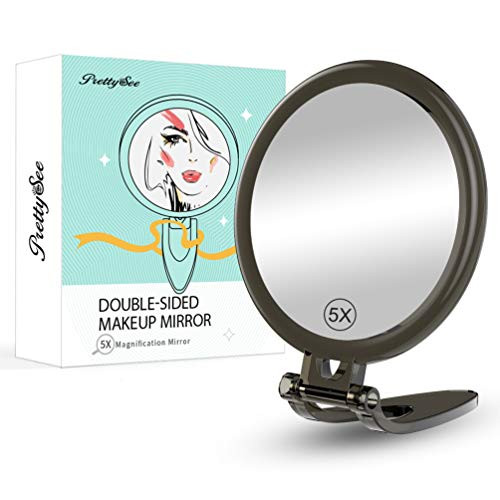 PRETTY SEE Makeup Mirror Double Sided Mirror Folding Standing Handheld Cosmetic Mirror for Daily Makeup 1X 5x Magnification Portable Vanity Table Mirror. _6 inch _ Black_