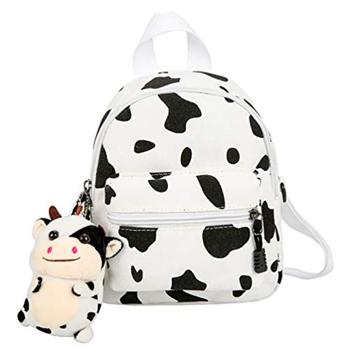 TENDYCOCO Mini Canvas Daypack with Plush Cow Pendant Cow Print Backpack Adorable Backpack for Women Lady Girls Outdoor Travel Shopping _White_