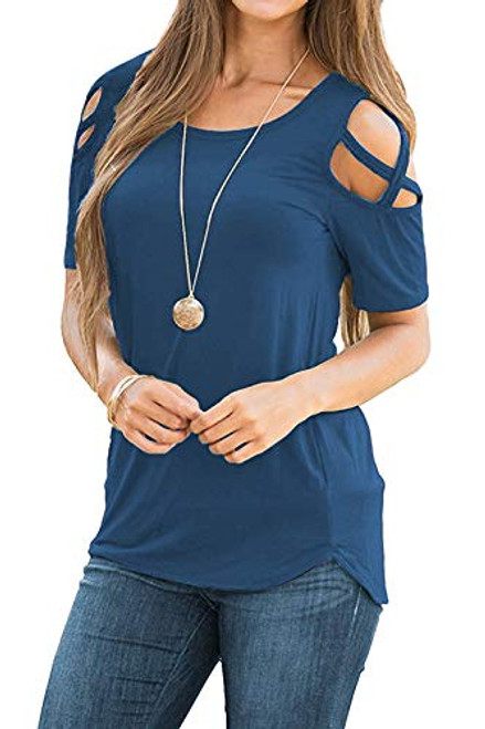Sarin Mathews Womens Summer Strappy Cold Shoulder Short Sleeve Tunic Tops Casual Tees Loose Basic T Shirts Blouses Acidblue L Sarin Mathews Womens Summer Strappy Cold Shoulder Short Sleeve Tunic Tops Casual Tees Loose Basic T Shirts Blouses Acidblue L
