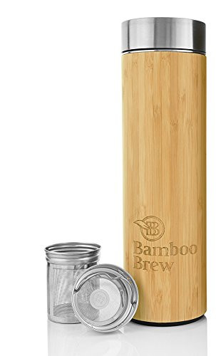 Bamboo Tumbler with Infuser & Strainer | Stainless Steel Coffee & Tea Flask | Double Wall Vacuum Insulated Travel Mug | Loose Leaf Detox Brew & Fruit Infusion Water Bottle | Eco Friendly Thermos 17oz
