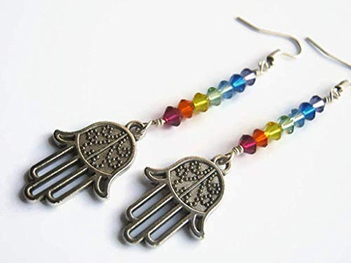 Hamsa Chakra Earrings_ Antiqued SILVER 7 Chakra Rainbow Charm Earrings_ Hindu Hand Yoga Earrings Hamsa Chakra Earrings_ Antiqued SILVER 7 Chakra Rainbow Charm Earrings_ Hindu Hand Yoga Earrings
