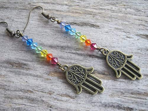 Hamsa Seven Chakra Earrings_ Antiqued BRONZE 7 Chakra Rainbow Charm Earrings_ Hindu Yoga Earrings Hamsa Seven Chakra Earrings_ Antiqued BRONZE 7 Chakra Rainbow Charm Earrings_ Hindu Yoga Earrings
