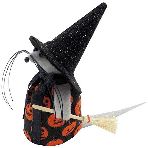 Witch Mouse With Broom_ Jack_o_Lantern Print Dress_ Halloween Decoration_ Handmade