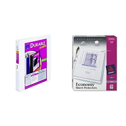 Avery White 1_Inch Durable View Binder with a Box of 100 Avery Economy Clear Sheet Protectors