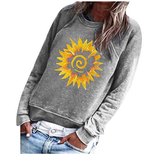 Women's Casual Crewneck Long Sleeve Loose Pullover Sweatshirt Tops Graphic Tees Tunics Sweatshirts Blouse B Gray