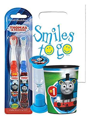 Thomas  and  Friends 4pc Bright Smile Oral Hygiene Bundle! Thomas The Train 2pk Manual Toothbrush_ Brushing Timer  and  Mouthwash Rinse Cup! Plus Dental Gift Bag  and  Tooth Saver Necklace!