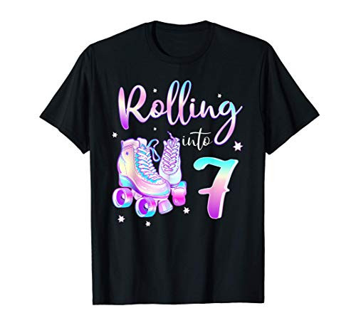 Kids 7 Years Old Birthday Girls Rolling Into 7th Bday Theme T_Shirt