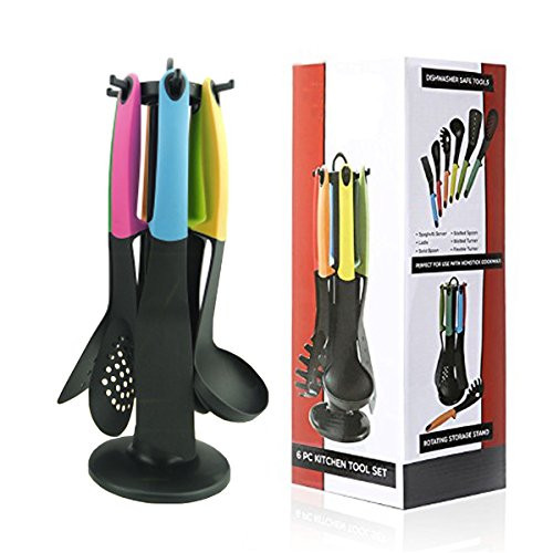 Silicone Cooking Utensil Sets, Kyerivs 6 Pieces Non-Stick Utensils Non-Scratch Nylon Kitchen Gadgets Tools-Spaghetti Server, Slotted Spoon, Ladle, Slotted Turner, Solid Spoon, Flexible Turner