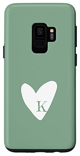 Galaxy S9 Cute Hand Drawn White Heart with Personalized Letter K Green Case