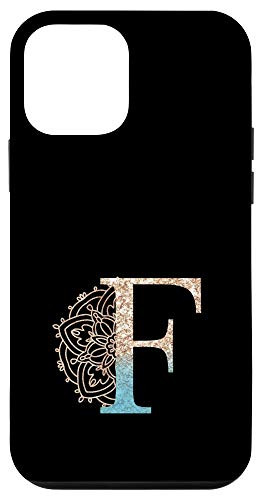 iPhone 12 mini Teal Blue Mandala with Letter F Monogram Initial on Black Case