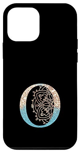 iPhone 12 mini Teal Blue Mandala with Letter O Monogram Initial on Black Case
