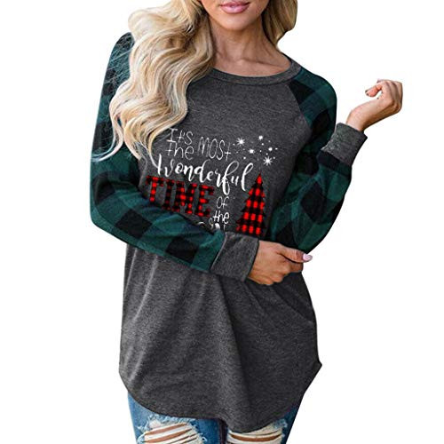 iTLOTL Merry Christmas Autumn Blouse Womens Print Car Plaid Tee Raglan Top Casual Long Sleeve T_Shirt_Large_Green_H_