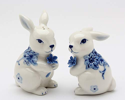Fine Ceramic Hand Painted Classic Dutch Blue and White Bunny Rabbit Holding Blue Flowers Salt  and  Pepper Shakers Set_ 3_3 8 inch  H