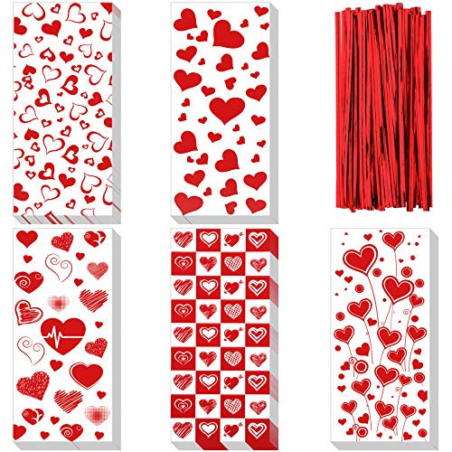 125 Pieces Valentine Candy Bags Valentine Cellophane Bags Valentines Favor Treat Goodies Bags with 200 Pieces Twist Ties for Valentine Party Supplies