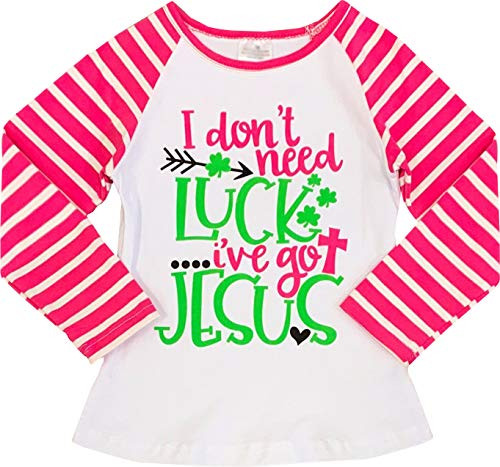 Boutique Little Girls St Patrick's Day Tshirt I Don't Need Luck_ I've got Jesus Raglan Top 7 3XL