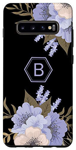 Galaxy S10 Plus  Letter B Initial Monogram Blue Flowers Floral On Black Gift Case