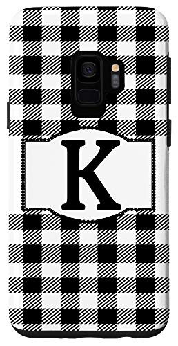 Galaxy S9 Black and White Buffalo Plaid Monogram Letter K Initial Gift Case