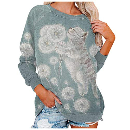 Hotkey Women's Sweatshirts Long Sleeve Crewneck Tops Dandelion Cute Cat Printed Pullover Shirts Casual Loose Jumper Blouse