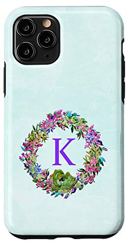 iPhone 11 Pro Mint Pink Cactus Phone Case Initial K_Floral Cactus Green Case