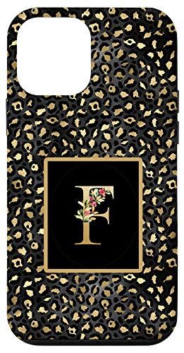 iPhone 12 mini Modern Monogram Initial Letter F Black Leopard Pattern Case